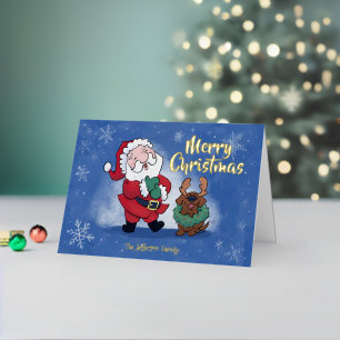 Laughing Santa Reindeer Lab Whimsical Fun Folded Foil Holiday Card