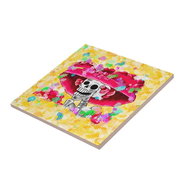 Laughing Skeleton Woman Dia De Los Muertos Tile (Side)