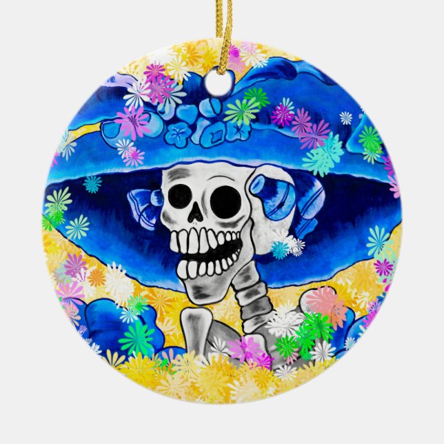 Laughing Skeleton Woman in Blue Bonnet on Yellow Ceramic Tree Decoration (Front)