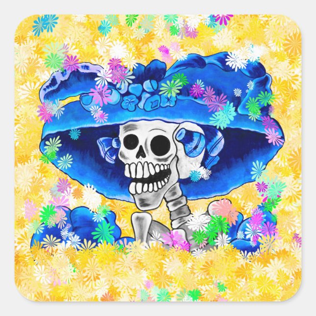 Laughing Skeleton Woman in Blue Bonnet on Yellow Square Sticker (Front)