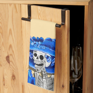 Laughing Skeleton Woman in Blue Tea Towel