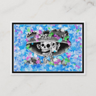 Laughing Skeleton Woman in Bonnet on Blue Business Card