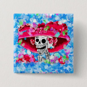 Laughing Skeleton Woman in Red Bonnet 15 Cm Square Badge