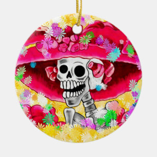 Laughing Skeleton Woman in Red Bonnet Ceramic Tree Decoration