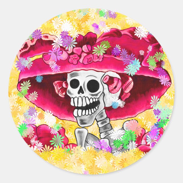 Laughing Skeleton Woman in Red Bonnet Classic Round Sticker (Front)