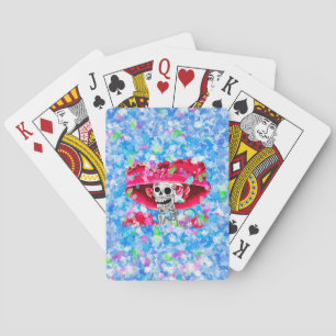 Laughing Skeleton Woman in Red Bonnet Playing Cards