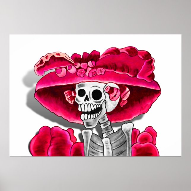 Laughing Skeleton Woman in Red Bonnet Poster (Front)