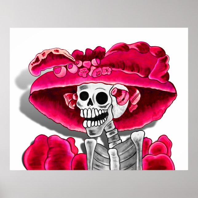 Laughing Skeleton Woman in Red Bonnet Poster (Front)