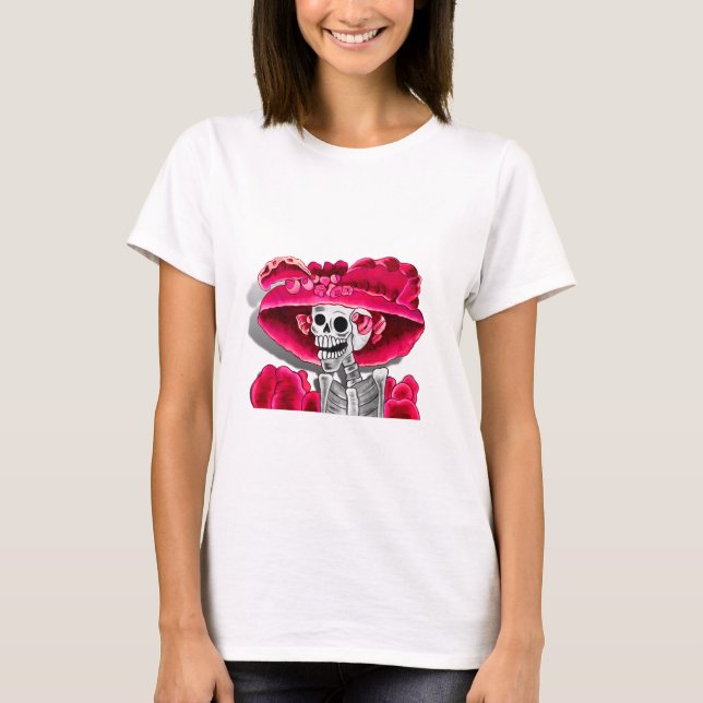 Laughing Skeleton Woman in Red Bonnet T-Shirt (Front)