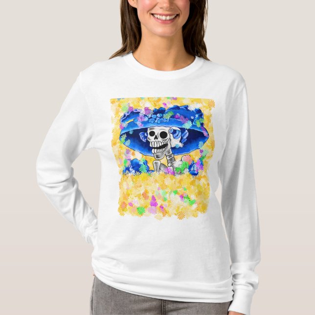 Laughing Skeleton Woman in Yellow Bonnet T-Shirt (Front)