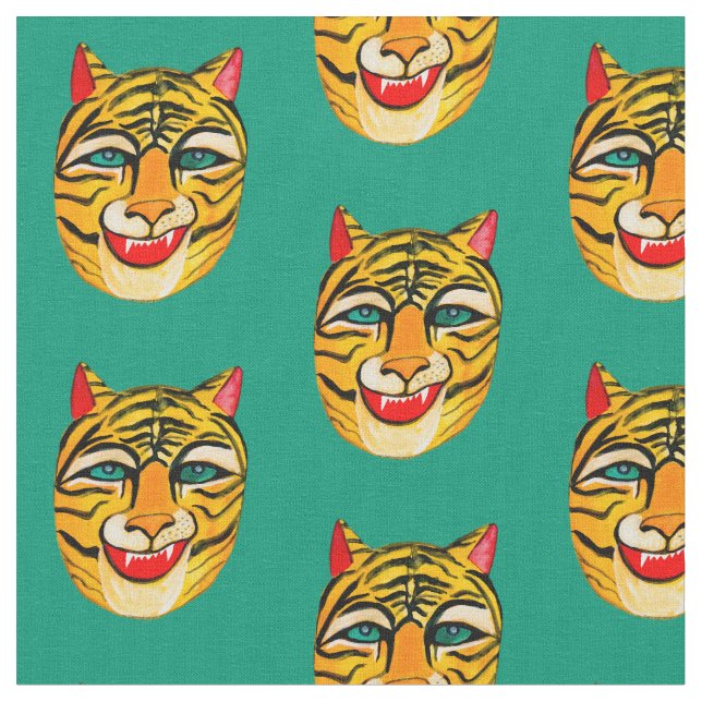 Laughing Tiger Watercolor Green Fabric (Close Up)