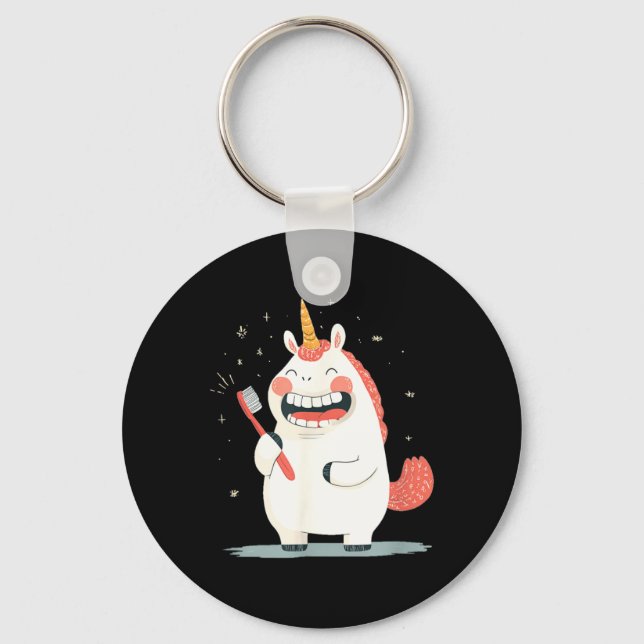 Laughing Unicorn with Teeth Care for Toothbrush Key Ring (Front)