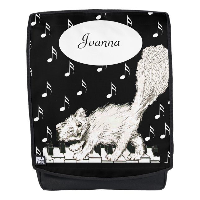 Laughing Winking White Cat Fluffly Tail Piano Keys Backpack (Front)