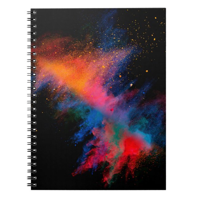 Launched colourful powder on black backgroundcolor notebook (Front)