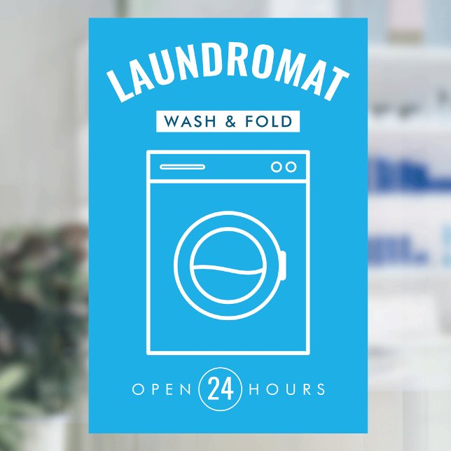 Laundromat 24/7 Wash and Fold Service Blue & White (Fully editable modern laundromat window cling sign in blue and white)
