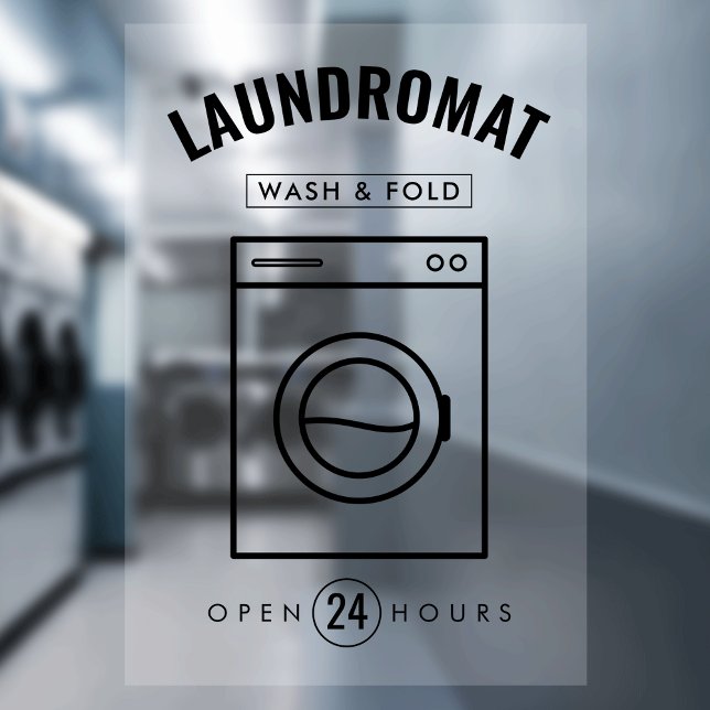 Laundromat 24/7 Wash & Fold Service Marketing (Translucent laundromat window cling black and white with fully editable text)