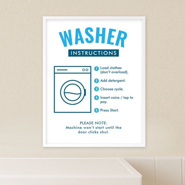 Laundromat Washer Instructions Wall Sign Poster (modern laundromat washer instructions poster template in blue and white with fully customizable text)