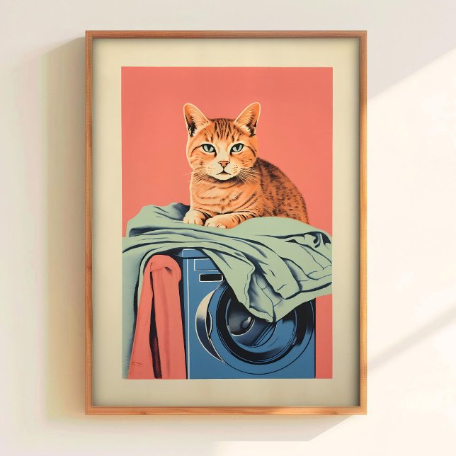 Laundry Cat Print Pink Bathroom Prints Funny Utili (Creator Uploaded)