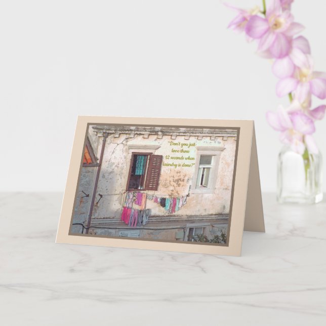 Laundry Day/colourful laundry outside window Card (Orchid)