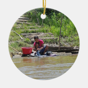 Laundry Day on the River Ceramic Tree Decoration