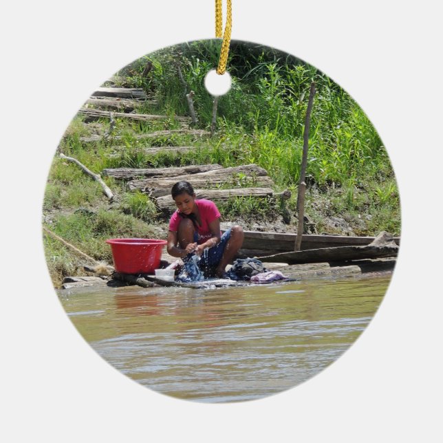 Laundry Day on the River Ceramic Tree Decoration (Front)