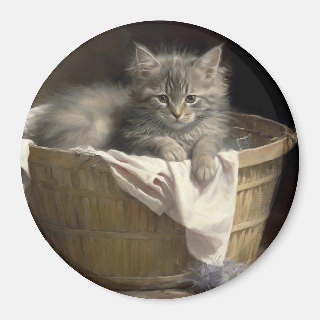 Laundry Or Playtime Grey Kitten Portrait Magnet (Front)