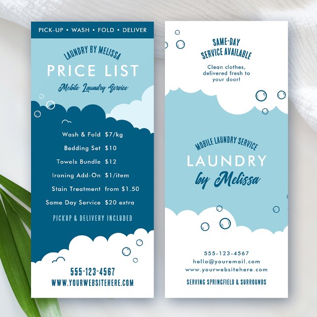 Laundry Service Dry Cleaner Price List Blue White Rack Card (Modern blue and white mobile laundry service price list with fully editable text and colors)