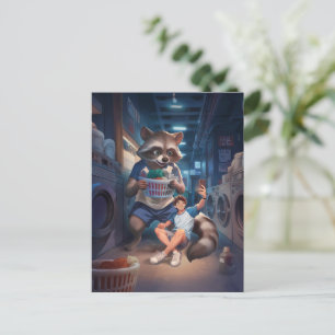 Laundry Time – Selfie with a Giant Racoon Postcard