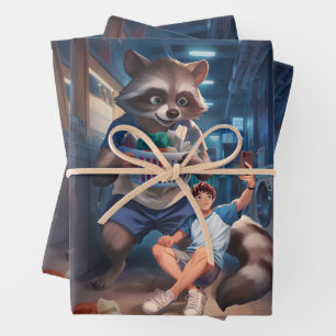 Laundry Time – Selfie with a Giant Racoon Wrapping Paper Sheet