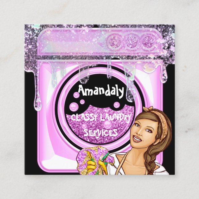 Laundry Washing Cleaning Service QR Code Black Square Business Card (Front)