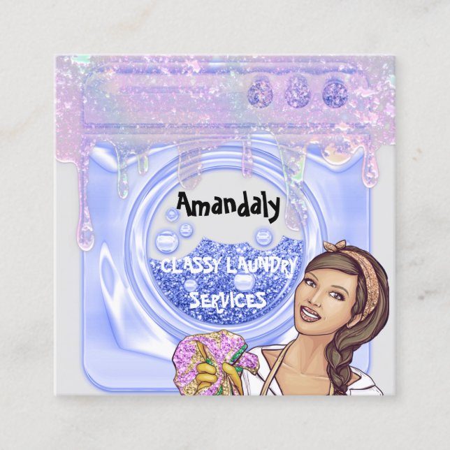 Laundry Washing Cleaning Service QR Code Blue Gray Square Business Card (Front)