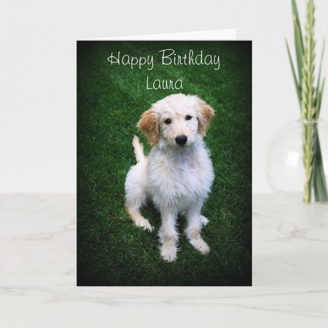 Laura Happy Birthday Golden Doodle Puppy Card (Front)