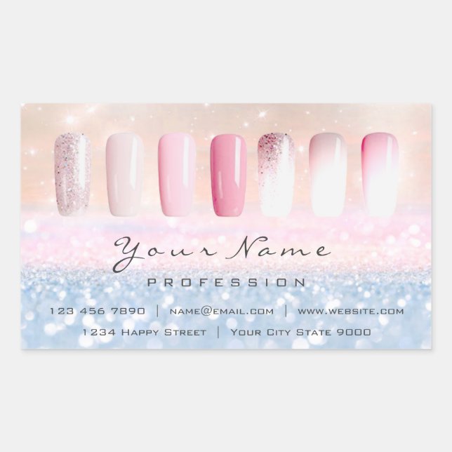Laurane Nails Art Pink Rose Blush Glitter Blue Rectangular Sticker (Front)