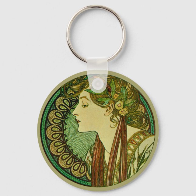 Laurel, Alphonse Mucha Vintage Art Nouveau Key Ring (Front)