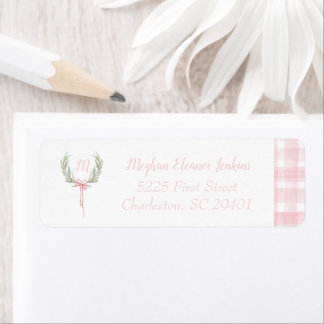 Laurel Crest Initial Pink Gingham Return Address