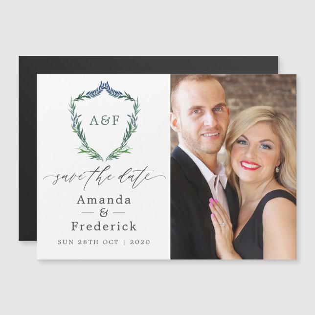 Laurel Crest Leaves Monogram Wedding Save the Date Magnetic Invitation (Front/Back)