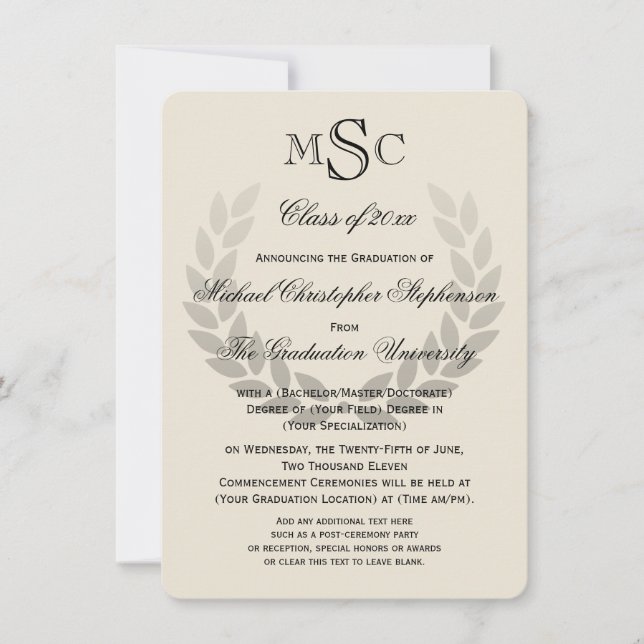 Laurel Crest Monogram Classic College Graduation Invitation (Front)