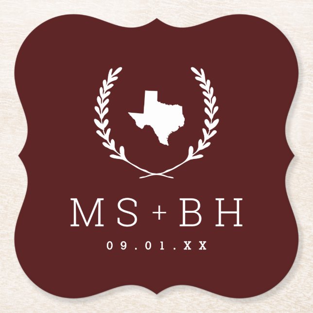 Laurel Crest Texas Wedding Monogram | Burgundy Paper Coaster (Front)