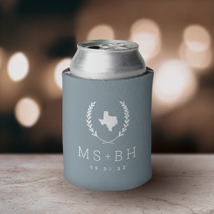 Laurel Crest Texas Wedding Monogram Dusty Blue Can Cooler