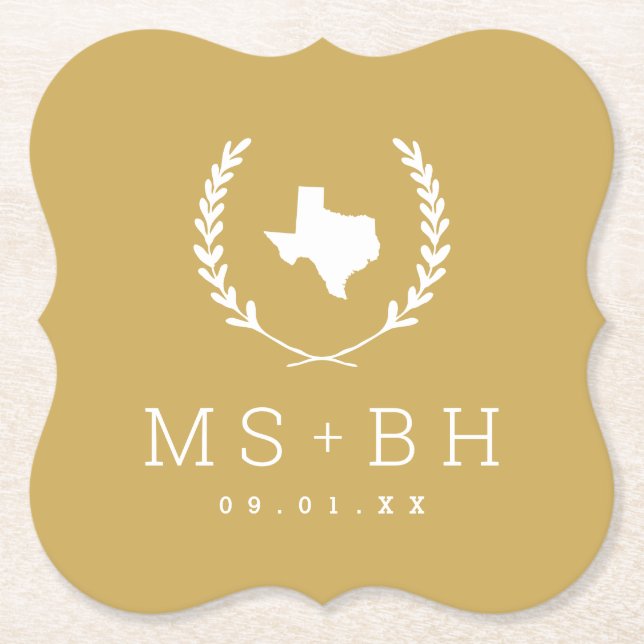 Laurel Crest Texas Wedding Monogram | Mustard Paper Coaster (Front)