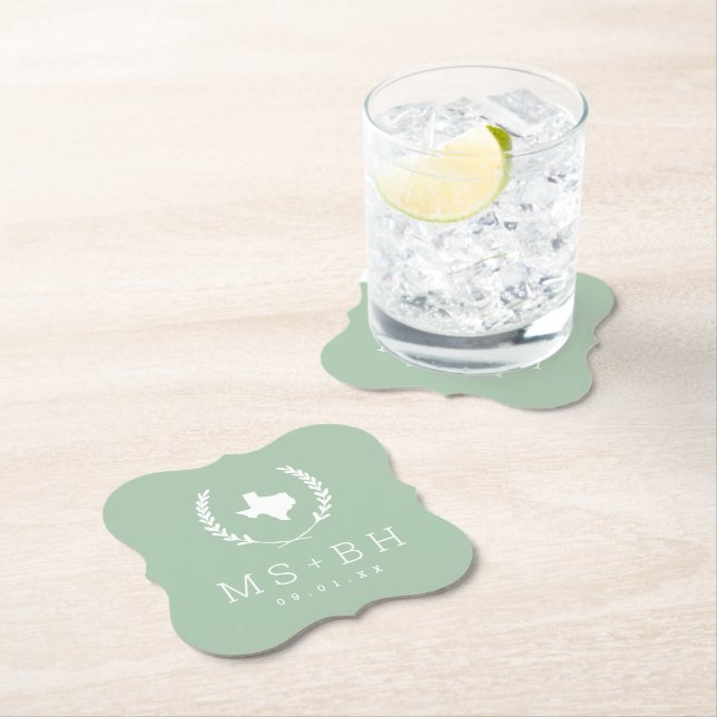 Laurel Crest Texas Wedding Monogram | Sage Paper Coaster (Insitu)