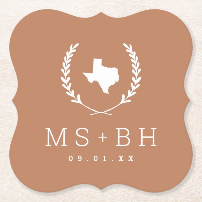 Laurel Crest Texas Wedding Monogram | Terra Cotta Paper Coaster (Front)