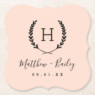 Laurel Crest Wedding Monogram Blush Paper Coaster