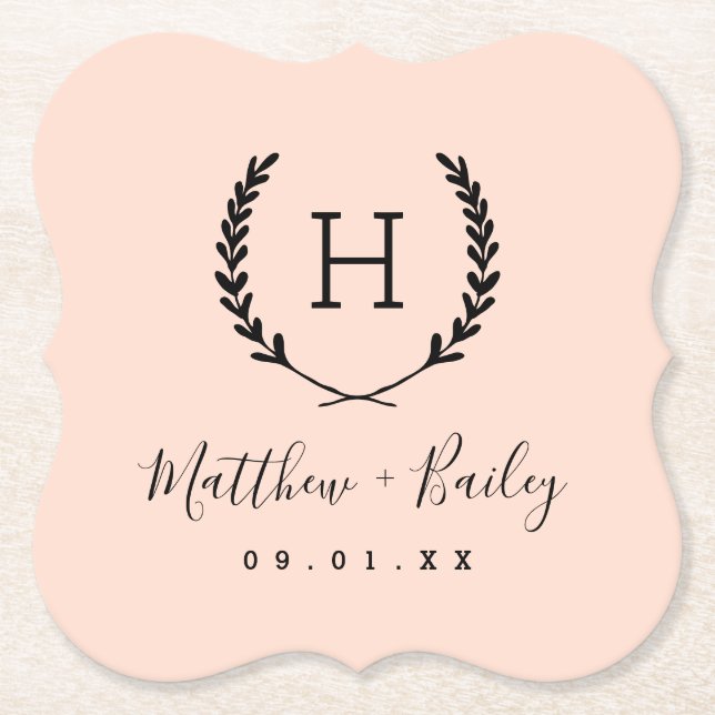 Laurel Crest Wedding Monogram | Blush Paper Coaster (Front)