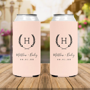Laurel Crest Wedding Monogram Blush Pink Seltzer Can Cooler