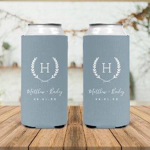 Laurel Crest Wedding Monogram   Dusty Blue Seltzer Can Cooler