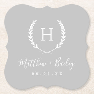 Laurel Crest Wedding Monogram   Grey Paper Coaster