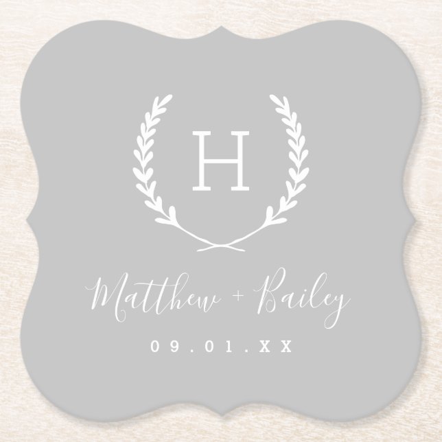 Laurel Crest Wedding Monogram | Grey Paper Coaster (Front)