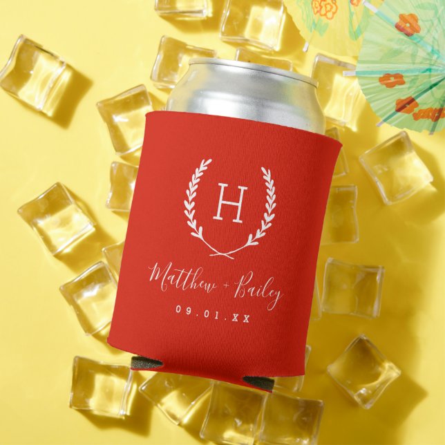 Laurel Crest Wedding Monogram | Red Can Cooler (In Situ Summer)