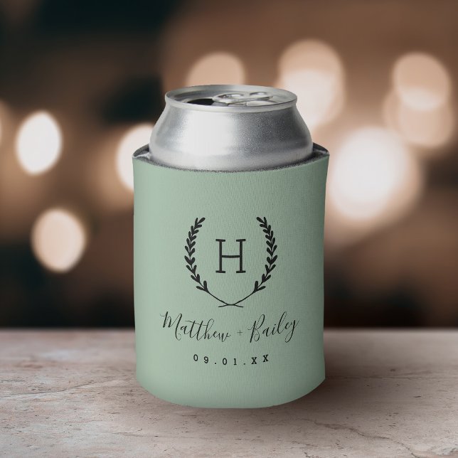 Laurel Crest Wedding Monogram | Sage Can Cooler (Creator Uploaded)